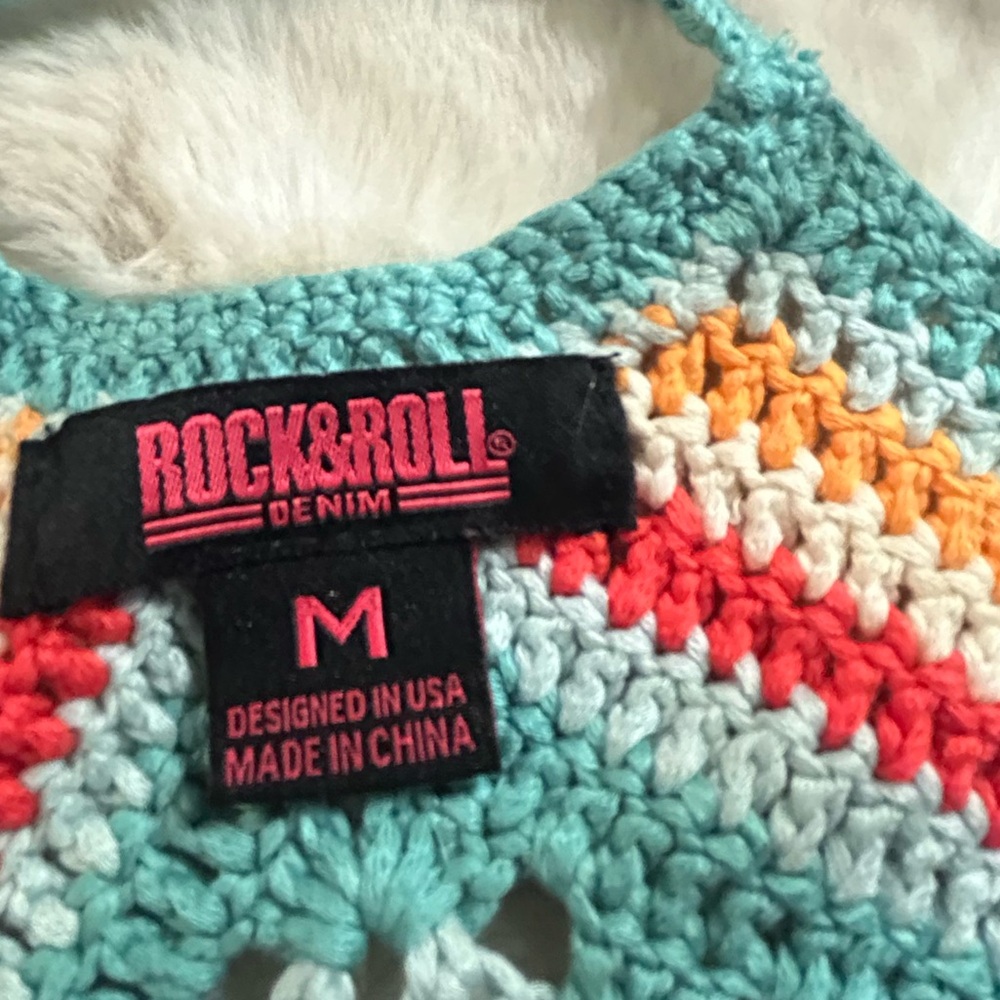 Rock & Roll Denim Women's Crochet Fringe Halter Top M 153 - Picture 5 of 6